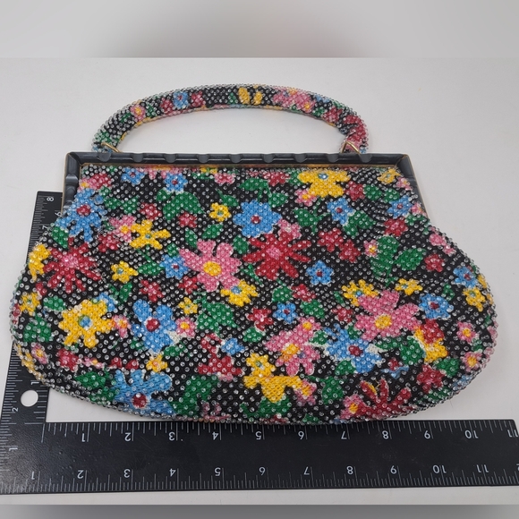 Vintage Beaded Purse Colorful Floral Flowers 80s 90s Hand Bag Satchel - Picture 7 of 11